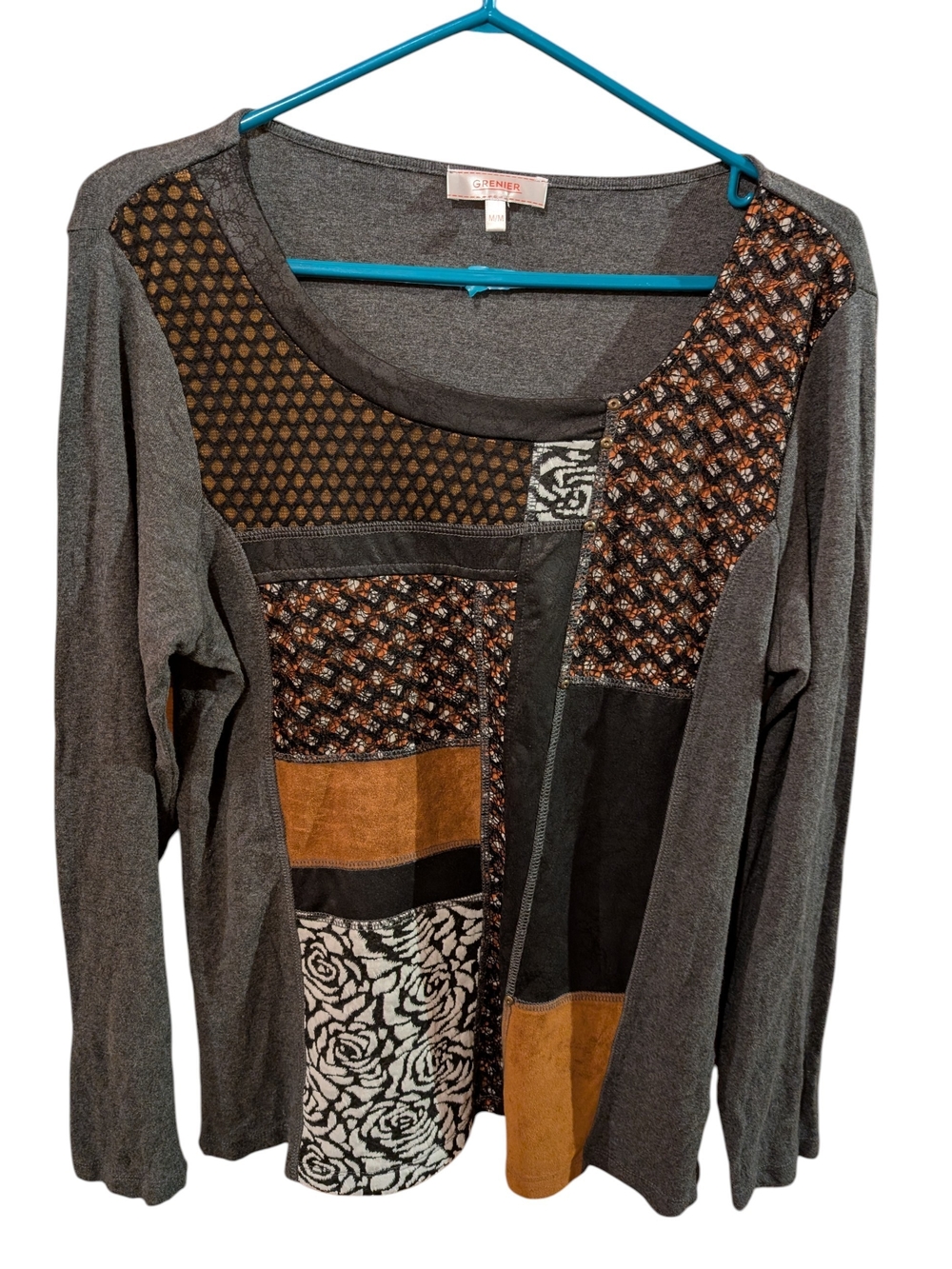 Patchwork Long-Sleeve Women's Top in Gray and Brown
